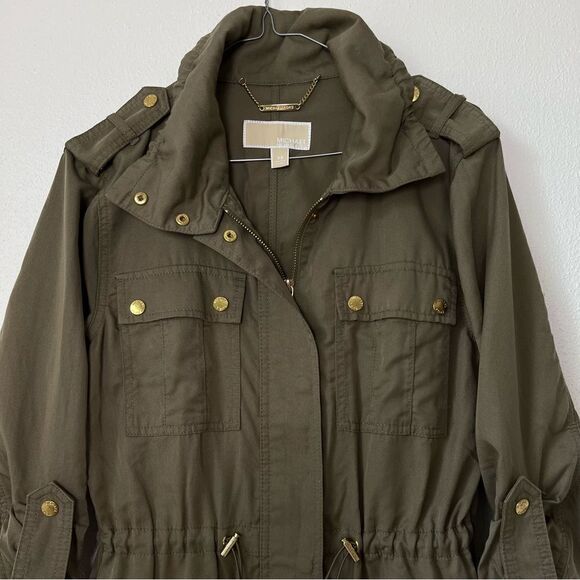 Michael Kors Anorak Coat Olive Green Jacket Drawstring Waist Gold Hardware XS - Picture 3 of 12